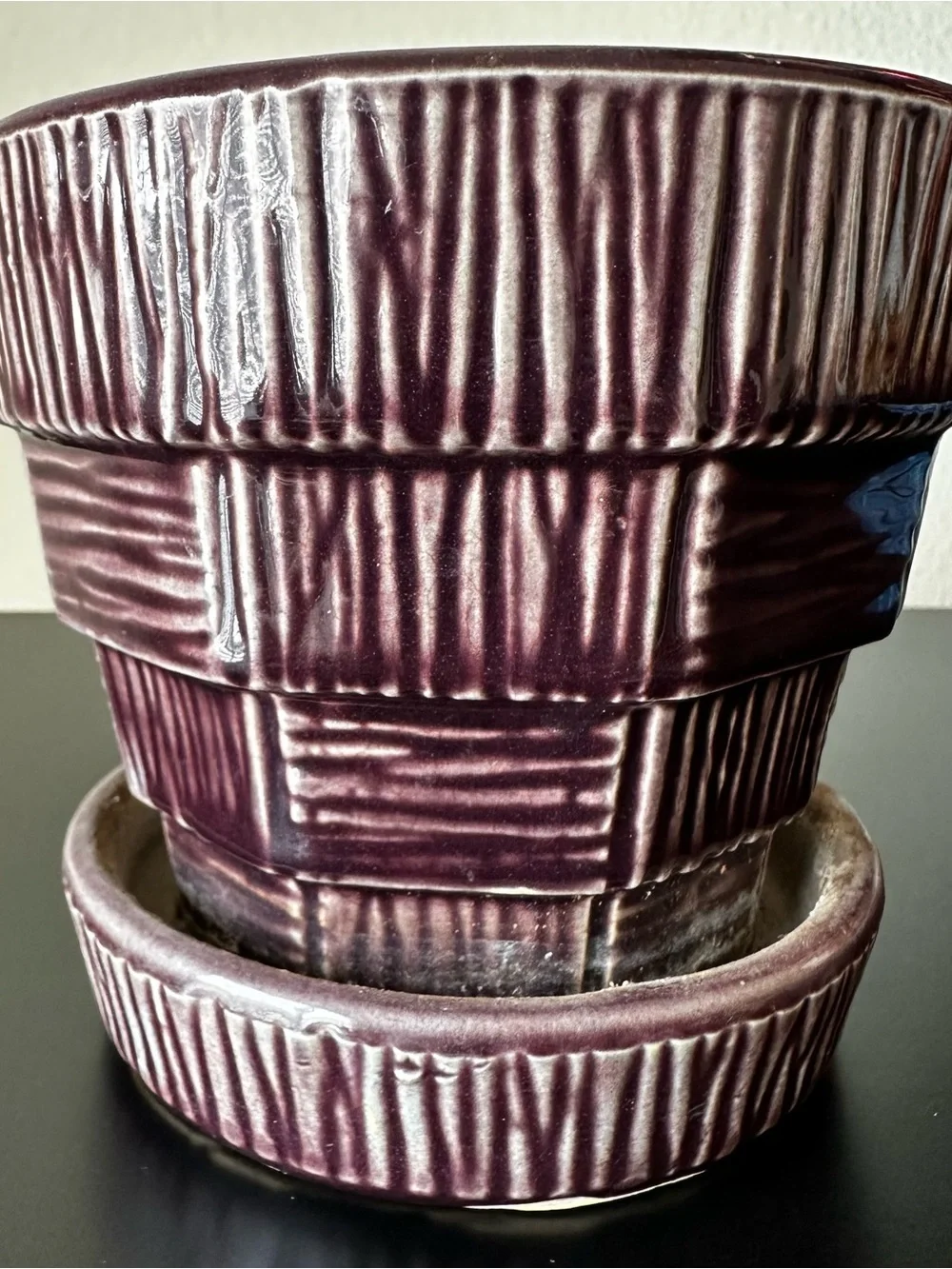 Maroon or Purple McCoy Pottery Planter with Attached Drip Tray Basket Weave 4”